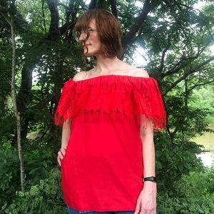 Vintage Red Off-Shoulder Peasant Blouse
